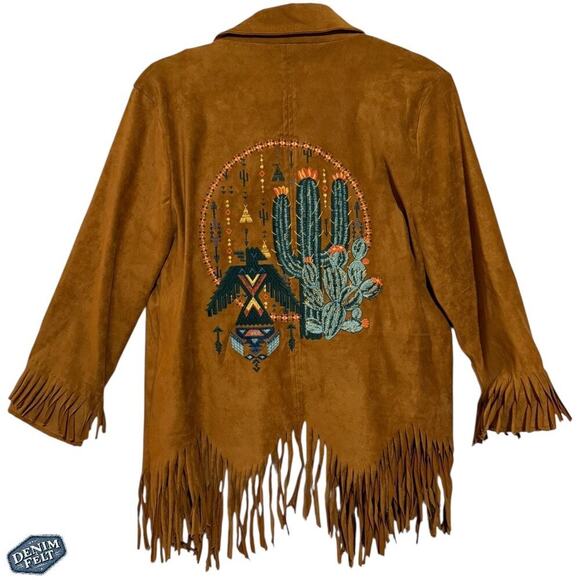 ANDRÉE by UNIT Tan Suede Fringe Jacket w/ Embroidered Cactus &Thunderbird Design - Picture 6 of 16